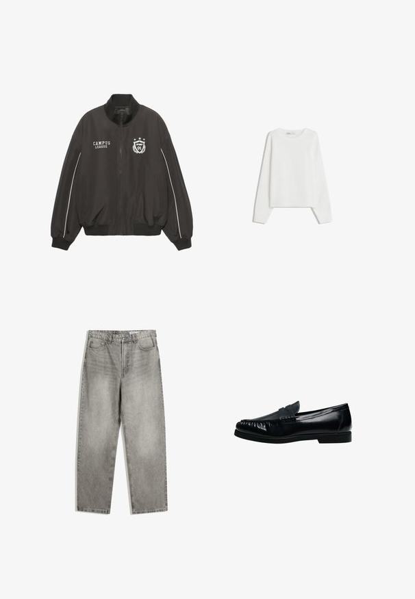 Sort bomberjakke med ribbet krave og manchetter, med hvide accenter, et broderet logo og to sidelommer. Lynlås foran.; Hvid strikket sweater med lange ærmer, rund halsudskæring, ribbede manchetter og kant. Blød tekstur, løs pasform, ingen synlige mønstre eller accenter.; Grå denimbukser med lige ben, der har forlommer, en knaplukning og en subtil falmet tekstur.; Sort herre penny loafer i læder med syninger på mok-toe og lav hæl, vist i sideprofil på hvid baggrund.