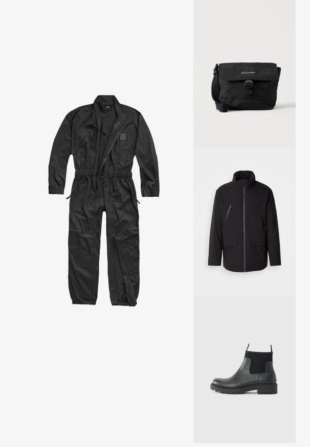 Zwarte jas met hoge kraag, volledige ritssluiting, twee ritszakken op de borst en twee voorzakken met klep; gladde textuur en ontspannen pasvorm.; Brandit BRANDIT HERREN EINSATZKOMBI - Jumpsuit - black; Zwarte enkelboots van rubber met een matte afwerking, voorzien van een slank ontwerp, elastische panelen en een chunky zool voor grip.; Zwarte Calvin Klein schoudertas met voorflap, gesp sluiting en verstelbare riem op een witte achtergrond.