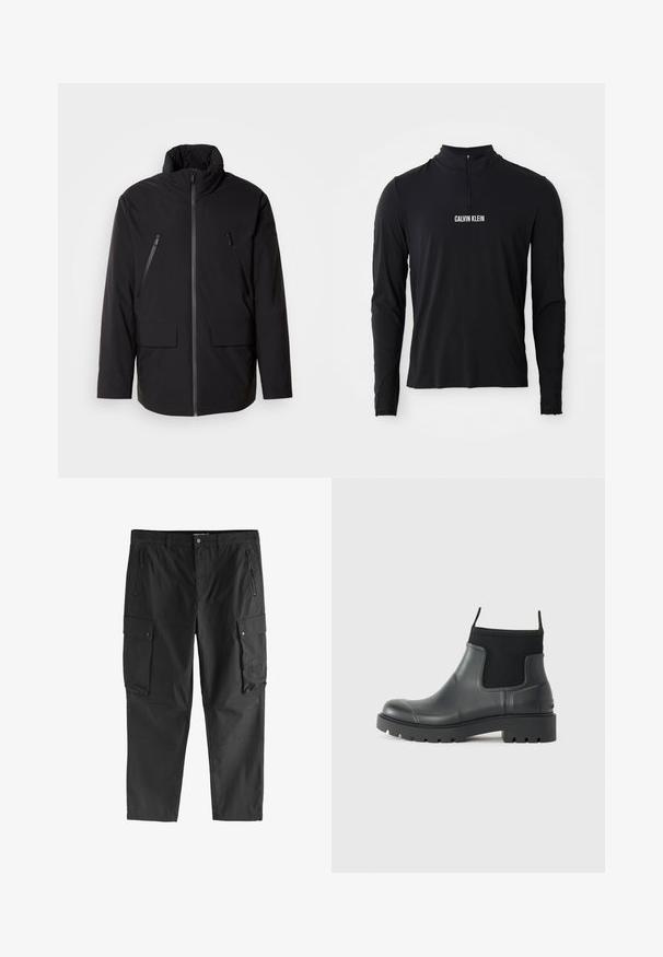 Schwarze Jacke mit hohem Kragen, durchgehendem Reißverschluss, zwei Zipper-Brusttaschen und zwei Frontklapptaschen; glatte Textur und lockere Passform.; Schwarzes Langarmoberteil mit hohem Kragen, ausgestattet mit einem Viertel-Reißverschluss und weißem "CALVIN KLEIN" Logo auf der Vorderseite. Glatter, elastischer Stoff.; Schwarze Cargo-Hosen mit Reißverschlusstaschen vorne, seitlichen Taschen mit Klappen und Knöpfen sowie Gürtelschlaufen, präsentiert vor weißem Hintergrund.; Schwarze Knöchelstiefel aus Gummi mit matter Oberfläche, die ein schlankes Design, elastische Einsätze und eine robuste Sohle für bessere Bodenhaftung bieten.