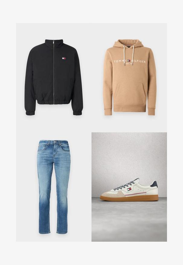 Musta vetoketjutakki joustavilla hihansuuilla, kahdella sivutaskulla ja pienellä Tommy Hilfigerin lippulogolla vasemmassa rinnassa.; Beige huppari, joka on valmistettu puuvillasekoitteesta, etutasku, nyörikapuze ja valkoinen logo-teksti: "TOMMY HILFIGER EST. 1985".; Vaalean siniset farkut suoralla lahkeella, joissa on viisi taskua, hieno haalistuminen reiden alueella ja klassinen nappilukko vyötäröllä.; Valkoinen ja beige lenkkari kumipohjalla, mustavalkoisilla nauhoilla, punainen ja sininen sivulogo, leijuu harmaan betonilattian yläpuolella lähellä lasiblokkiseinää.