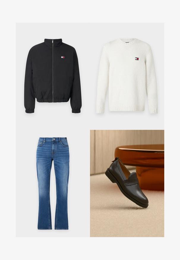 Chaqueta negra con cremallera, puños elásticos, dos bolsillos laterales y pequeño logotipo de la bandera Tommy Hilfiger en el pecho izquierdo.; Suéter blanco de punto con cuello redondo, puños y dobladillo acanalados; presenta un pequeño parche de marca en rojo, blanco y azul en el pecho.; Vaqueros acampanados de mezclilla en azul medio. Presentan un diseño de cinco bolsillos, detalles cosidos, un cierre de botón y una textura ligeramente desgastada en las piernas.; Mocasín de cuero negro con tacón bajo flotando sobre una alfombra beige, junto a una mesa brillante de color ámbar en una habitación minimalista.
