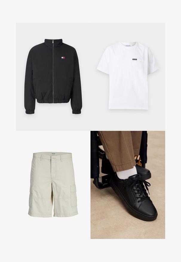 Zwarte jas met rits, elastische manchetten, twee zijzakken en een klein Tommy Hilfiger vlaglogo op de linkerborst.; Wit T-shirt met korte mouwen en een ronde hals, voorzien van een klein borstzakje met een zwarte Columbia-logo patch.; Beige cargoshorts met een knoopsluiting, twee zijzakken en twee cargozakken op de dijen. Gemaakt van lichtgewicht katoenen stof.; Zwarte leren sneaker met veters en zijrits, gedragen met witte sokken en bruine broek, voet rustend op de voetsteun van een rolstoel.