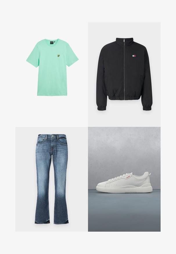 Sort lynlåstrøje med elastiske manchetter, to sidelommer og et lille Tommy Hilfiger flaglogo på venstre bryst.; Mintgrøn bomuld t-shirt med korte ærmer, rund hals og en lille gul sommerfuglelogo broderet på venstre bryst.; Blå denim flared jeans med en mellemhøj talje, fem-lommers design og subtilt slid for et distressed udseende. Glat tekstur hele vejen igennem.; Hvide sneakers med en glat læderfinish, rund tå, fire snørehuller, subtile perforeringer og en rød logo detalje på siden.
