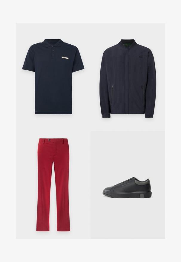 Veste zippée bleu marine avec col montant, poignets élastiques, deux poches latérales zippées, motif vertical subtil et petit logo sur la poitrine.; Polo bleu marine en coton doux, doté d'une patte à trois boutons, de manches courtes et d'un écusson logo sur la poitrine avec des rayures contrastantes.; Pantalon rouge coupe droite avec fermeture à boutons et passants pour ceinture, présenté sur un fond neutre.; Sneaker en cuir noir avec une finition lisse, bout rond et accents gris foncé. Présente un design à lacets et une semelle en caoutchouc texturée.