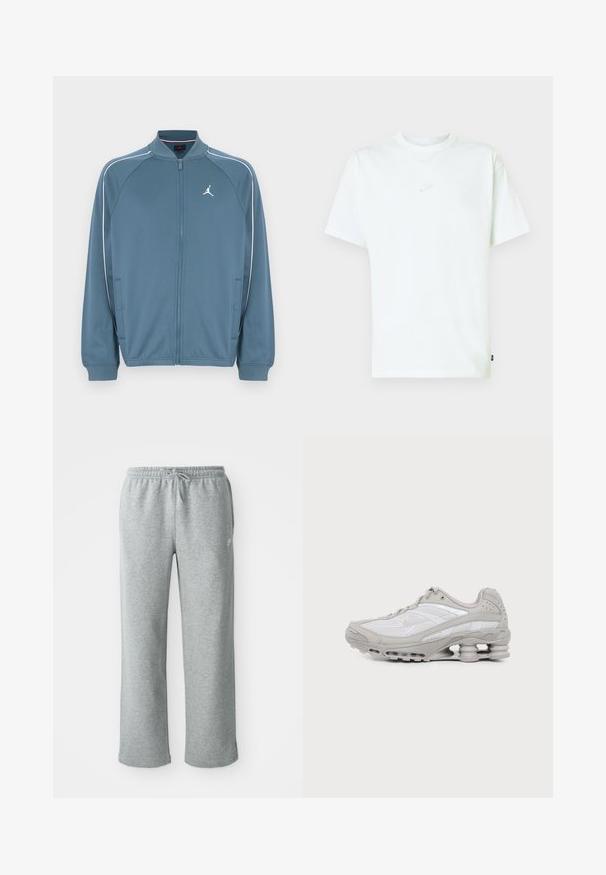 Blå jakke med lynlås og høj krave, hvide accentstriber og et lille logo på venstre bryst. Fremstillet af glat, letvægtsstof.; Hvid bomuld T-shirt med rund hals, korte ærmer og lille præget Nike-logo på brystet. Blød tekstur og afslappet pasform.; Grå bomulds sweatpants med elastisk talje, snorelukning og lige ben. Har et lille logo på den øverste venstre side.; Grå og hvid atletiksko med mesh-paneler, snørelukning og en unik fjedrende sål til stødabsorbering og støtte.