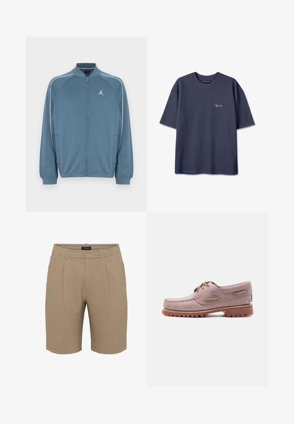 Blauwe jas met rits en hoge kraag, witte accentstrepen en een klein logo op de linkerborst. Gemaakt van glad, lichtgewicht materiaal.; Donkerblauw geribd T-shirt met korte mouwen, ronde halslijn en een klein wit "Pegador" logo op de linkerborst.; Beige shorts van gestructureerde stof met een gekreukt oppervlak, een elastische tailleband en twee plooien aan de voorkant.; Lichtbruine leren boot schoen met moc-toe stiksels, leren veters, Timberland-logo en robuuste rubberen zool, afgebeeld op een witte achtergrond.