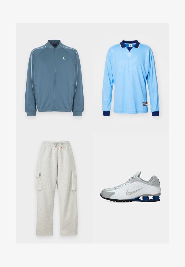 Chaqueta azul con cremallera y cuello alto, con franjas blancas de acento y un pequeño logo en el pecho izquierdo. Fabricada con tela suave y ligera.; Camisa polo de manga larga azul claro con collar y puños en azul marino, que presenta un sutil patrón por toda la prenda y la marca Nike en el dobladillo inferior.; Pantalones de chándal gris claro con cintura elástica, cordón con puntas rojas y grandes bolsillos con solapa en ambos muslos.; Zapatilla de running Nike en blanco y gris con el swoosh plateado, unidades de suela azul en forma de resorte y banda de rodadura negra sobre un fondo liso.