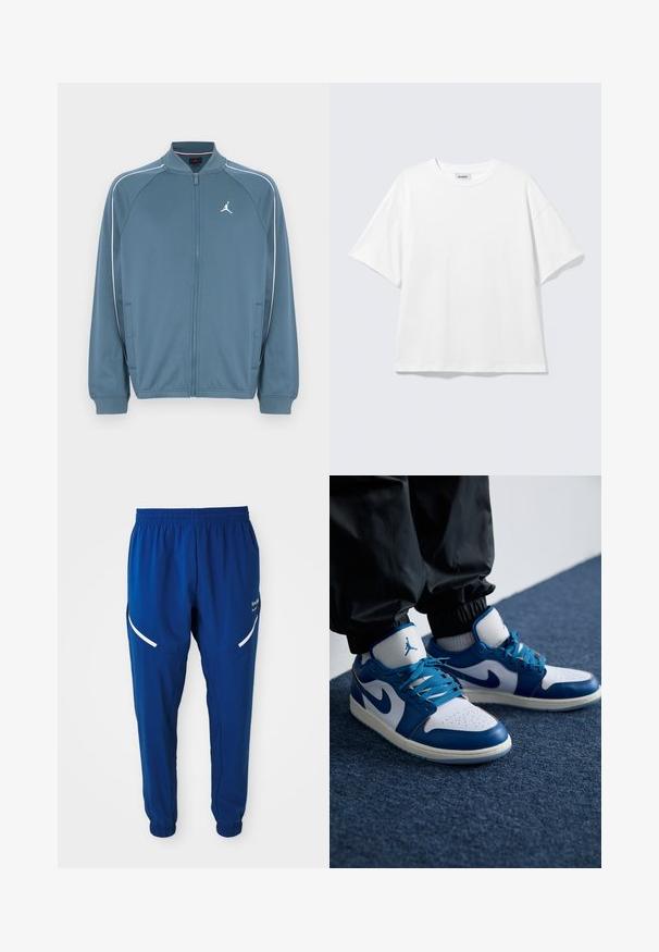 Blå jakke med lynlås og høj krave, hvide accentstriber og et lille logo på venstre bryst. Fremstillet af glat, letvægtsstof.; Hvid oversized t-shirt med korte ærmer og rund halsudskæring med sænkede skuldre, fladt lagt på lys grå baggrund.; Royal blue træningsbukser med elastisk talje og manchetter, hvide buede reflekterende striber på lårene og lille hvidt logo på højre side.; Nike Air Jordan sneakers har en hvid læderbase med blå syntetiske detaljer, en perforeret tåboks og blå snørebånd.
