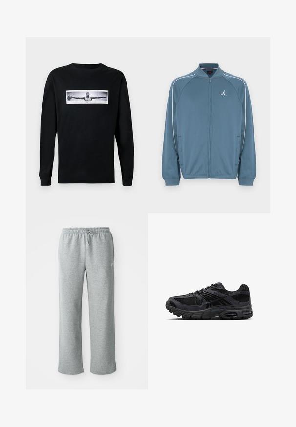 Blaue Jacke mit Reißverschluss und hohem Kragen, weißen Akzentstreifen und kleinem Logo auf der linken Brustseite. Hergestellt aus glattem, leichtem Stoff.; Schwarzes Langarm-T-Shirt mit einem Frontdruck, der eine Figur in einem schwarz-weißen Foto mit ausgestreckten Armen zeigt; Rundhalsausschnitt-Design.; Graue Sweatpants aus Baumwolle mit elastischem Bund, Kordelzugverschluss und geraden Beinen. Verfügt über ein kleines Logo auf der oberen linken Seite.; Schwarzer und dunkelgrauer Nike Laufschuh mit Mesh-Gewebe, Wildleder-Overlays, gepolsterter Sohle und sichtbaren Lufteinheiten in Ferse und Vorfuß.