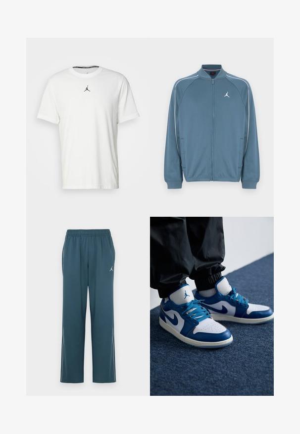 Blauwe jas met rits en hoge kraag, witte accentstrepen en een klein logo op de linkerborst. Gemaakt van glad, lichtgewicht materiaal.; Witte T-shirt met korte mouwen van katoen, met een zwart Jumpman-logo op de borst en een ronde halslijn met een zwarte binnenlabel.; Donkergroene sportbroek met een elastische tailleband, twee zijzakken, witte strepen aan de zijkant en een klein logo op de linker dij.; Nike Air Jordan sneakers hebben een witte leren basis met blauwe synthetische accenten, een geperforeerde neusdoos en blauwe veters.