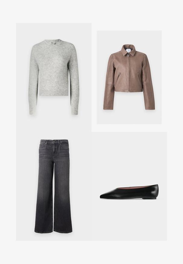 Chaqueta de cuero marrón con cremallera frontal, dos bolsillos inclinados con cremallera, cuello estructurado y mangas largas, mostrada plana sobre un fondo blanco.; Suéter recortado gris claro en material de punto suave, con un cuello redondo y puños acanalados. Sin patrones ni adornos notables.; Jeans de mezclilla oscuros de pierna ancha con un ligero desgaste, presentan un cierre de botón, cinco bolsillos y un dobladillo recto en el tobillo.; Zapato plano negro de cuero para mujer con punta puntiaguda y tacón bajo, mostrado de lado sobre un fondo liso gris claro.