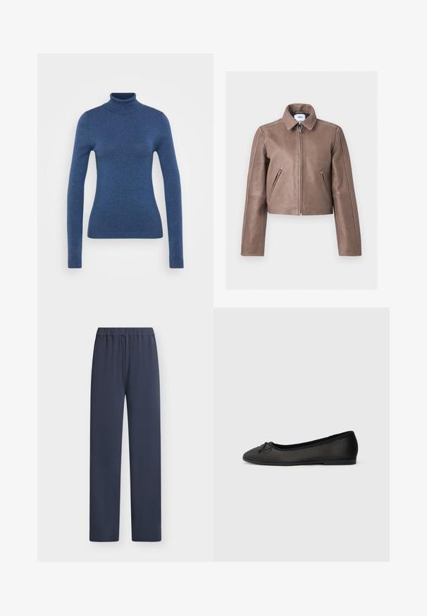 Veste en cuir marron avec fermeture éclair frontale, deux poches zippées inclinées, col structuré et manches longues, montrée à plat sur fond blanc.; Pull en col roulé bleu fabriqué en maille douce. Design ajusté avec des manches longues et un col et un ourlet côtelés. Texture lisse.; Pantalon bleu marine droit, avec ceinture élastique, sans poches visibles ni ornements sur fond uni.; Ballerines noires avec une finition mate lisse, un bout arrondi et un nœud décoratif à l'avant. Elles présentent un talon bas et plat.