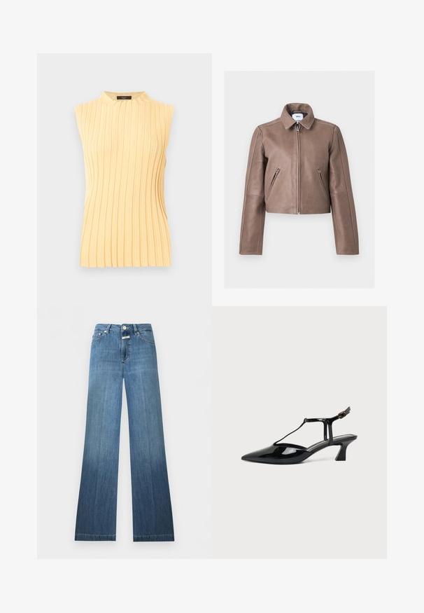 Veste en cuir marron avec fermeture éclair frontale, deux poches zippées inclinées, col structuré et manches longues, montrée à plat sur fond blanc.; Haut sans manches jaune pâle en maille côtelée avec un col rond haut et des rayures texturées verticales.; Jean en denim bleu à taille haute, fermeture à boutons, poches avant et arrière, et légère évasement en bas.; Chaussure slingback femme en cuir verni noir à talon bas, bout pointu et fine bride avec petite boucle.