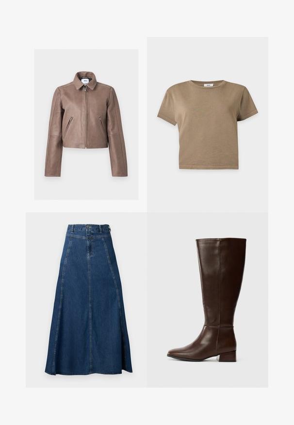 Veste en cuir marron avec fermeture éclair frontale, deux poches zippées inclinées, col structuré et manches longues, montrée à plat sur fond blanc.; T-shirt court marron uni à manches courtes avec col rond sur fond gris clair.; Jupe longue en denim bleu foncé avec taille haute, fermeture par bouton et fermeture éclair, et détails de coutures verticales de la taille à l'ourlet.; Botte en cuir brun foncé, haute, avec un petit talon bloc et une finition lisse, vue de profil sur fond blanc.