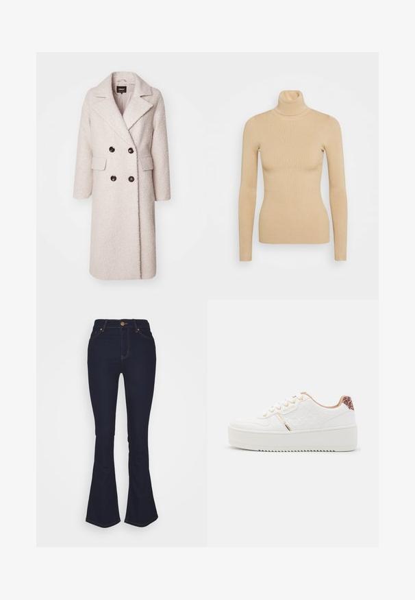Lys beige double-breasted frakke lavet af tekstureret stof, med en spids krave, to forlommer og sorte knapper.; Beige ribbet rullekravesweater med lange ærmer, der har en tætsiddende silhuet og en glat overflade. Ingen synlig hardware eller mønstre.; Marks & Spencer Eva - Jeans Bootcut - blue denim; Hvide platform sneakers med struktureret overdel, gyldne snørehuller, lyserøde detaljer og leopardprint på hælen. Gummisål.