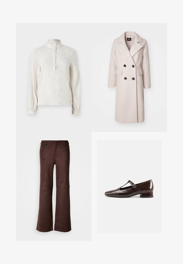 Manteau double boutonnage beige clair en tissu texturé, doté d'un col cranté, de deux poches avant et de boutons noirs.; Blouse blanche à manches longues avec une surface texturée, un col volanté et une patte de boutonnage. Présente un subtil motif floral sur l'ensemble.; Pantalons évasés marron en tissu doux semblable à du daim. Comprend quatre poches, une fermeture à bouton et une surface lisse et texturée.; Chaussures Mary Jane en cuir verni marron avec un bout arrondi, un design ajouré et une bride réglable. Talon bas bloc.