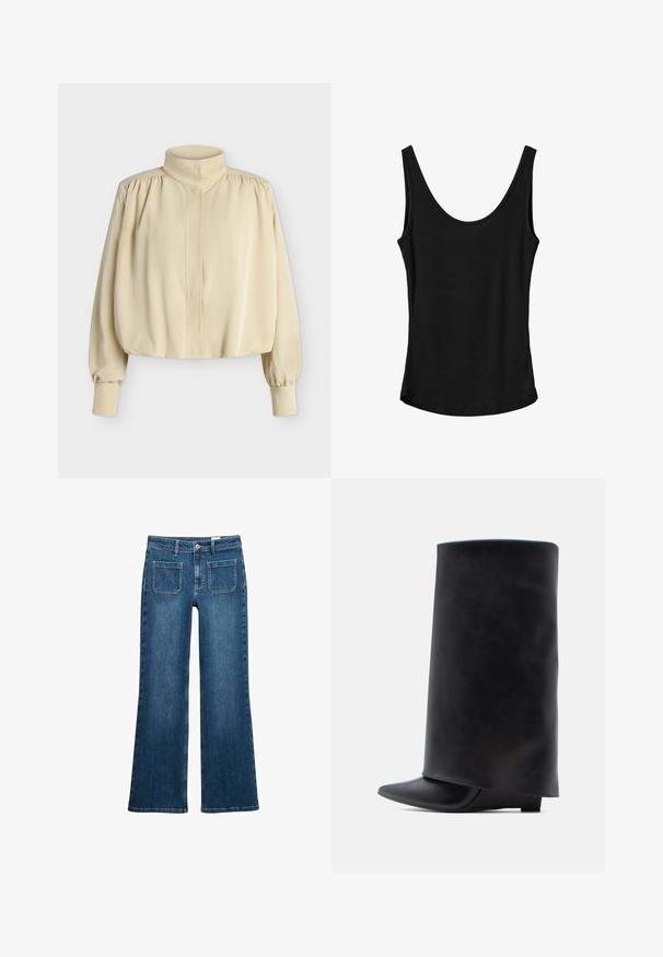 Beige langærmet bluse med høj krave, rynkede skuldre, knaphulsmanchetter og en løs, let kortet pasform på en ensfarvet baggrund.; Sort ærmeløs tanktop lavet af ribbet stof med rund halsudskæring og lige kant, der har en glat tekstur og tætsiddende pasform.; Blå denim flared jeans med mellemhøj talje, frontknap og lynlås lukning, fem lommer og syet detaljering på sømmene.; Sorte læderankelstøvler med høj cylindrisk skaft, spids snude og lav flad hæl, der har en glat tekstur og et minimalistisk design.