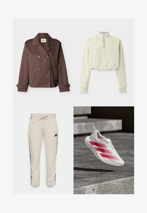 Dobbeltradet brun cropped jakke med brede revers, knaplukning på manchetter og skulderepåletter, mærket ONLY.; Lysebeige cropped sweatshirt med lange ærmer, ribkanter og en kort lynlås foran op til en høj hals.; Lys beige sweatpants lavet af blødt stof, med en snøre i taljen og sorte sideløbere med et leopardmønster.; Hvid løbesko med tre markante røde striber, i luften over betontrin, der fremhæver letvægtsdesign og tekstureret sål.