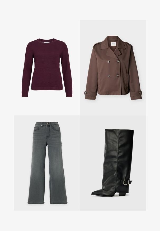Dobbeltradet brun cropped jakke med brede revers, knaplukning på manchetter og skulderepåletter, mærket ONLY.; Bordeaux pullover sweater med et struktureret, honningkagesmønster, rund hals, lange ærmer og ribbede manchetter og kant.; Højtaljede, vidde mørkegrå denimjeans med forlommer og knaplukning på en neutral baggrund.; Sorte læder ankelstøvler i ankellængde med spids tå, glat tekstur og en sølvspændeaccents på siden. Kraftig firkantet hæl.