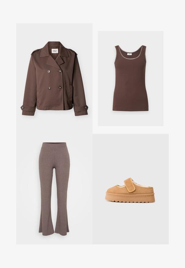 Dvojradové hnedé krátke sako so širokými klopami, zapínanými manžetami a ramennými epolónmi, označené značkou ONLY.; Hnedé, rebrované tielko bez rukávov s výstrihom do „U“ a svetlým lemom pozdĺž okrajov, zobrazené na bielom pozadí položené naplocho.; Hnedé rebrované rozšírené nohavice s vysokým, elastickým pásom a jemnou textúrou, ktoré majú jemný vertikálny vzor po celom obvode.; Hnedé semišové slip-on topánky s suchým zipsom, okrúhlou špičkou a hrubou platformovou podrážkou s texturovaným gumovým vzorom.