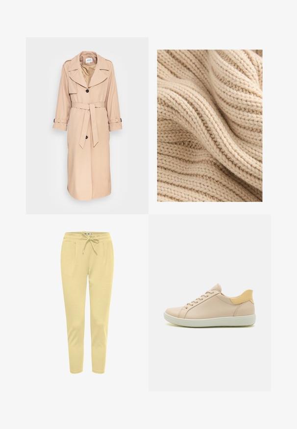 Beige trenchcoat lavet af glat stof, med bælte i taljen, bred krave og dobbeltbrystede knapper. Lange ærmer med justerbare manchetter.; Beige strikket stof med tekstureret ribstrik, der viser varierende tykkelse og en blød, fnugget overflade. Trådene er tæt vævede.; Lysegule joggerbukser lavet af blødt stof, med en elastisk talje i livet og snøre, samt sidelommer.; Beige lædersneaker med en hvid gummisål, subtile syninger og en kontrasterende gul hælflap. Snørebåndene er centralt placeret.