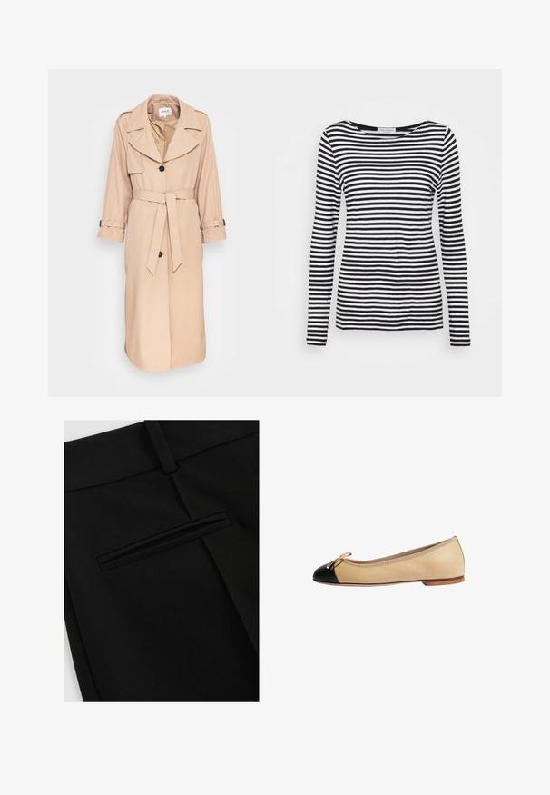 Beige trenchcoat lavet af glat stof, med bælte i taljen, bred krave og dobbeltbrystede knapper. Lange ærmer med justerbare manchetter.; Langærmet T-shirt med rund hals, prydet med et sort-hvidt stribet mønster. Fremstillet af blødt stof med regular fit. Renset, minimalistisk design.; Sorte bukser lavet af glat stof, med et fladt design foran og en enkelt baglomme med en slidsåbning.; Beige læder balletflade med sort tåhætte, guld sløjfedetalje og tekstureret trim langs åbningen. Flad sål for nem gang.
