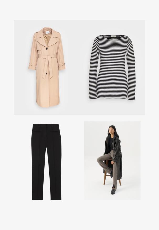 Beige trenchcoat lavet af glat stof, med bælte i taljen, bred krave og dobbeltbrystede knapper. Lange ærmer med justerbare manchetter.; Langærmet top i bomuld med vandrette marineblå og hvide striber, rund hals, slank pasform, med en glat tekstur og minimalistisk design.; Sorte skræddersyede bukser med lige ben, bæltestropper og to paspolerede lommer bagpå, designet til formelt brug.; Sort læder trench coat med knapper og bælte detalje, parret med lysebrune tætsiddende bukser og sorte loafers, siddende på en træstol.