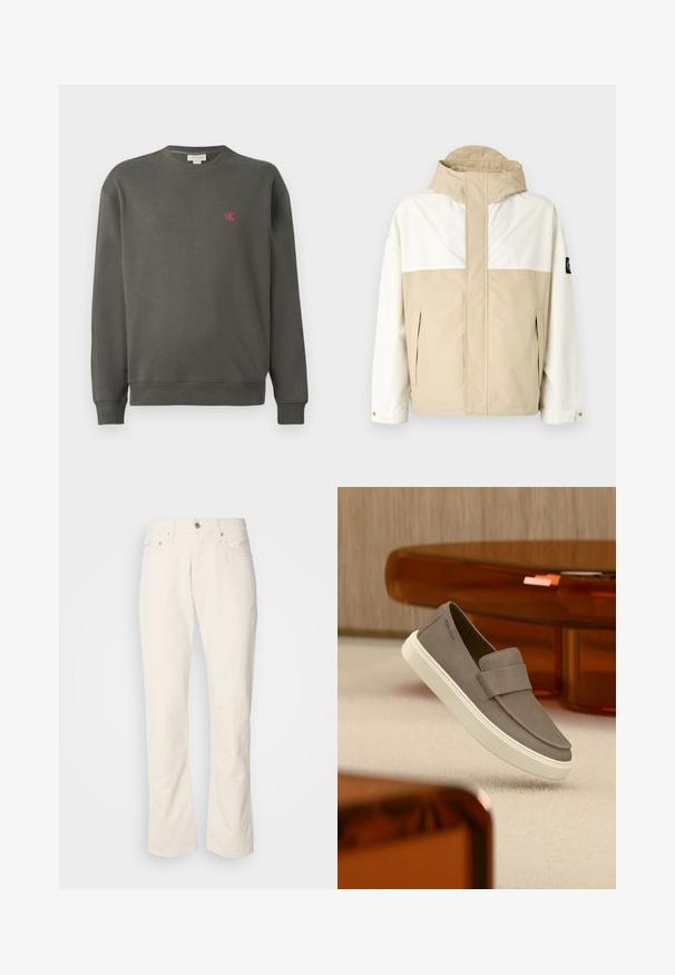 Beige og hvid farveblokeret jakke med høj krave, lynlås lommer og justerbare manchetter. Lavet af et glat, vejrbestandigt materiale.; Mørkegrøn crewneck sweatshirt lavet af bomuld. Har et lille pink 'ck' logo på venstre bryst samt ribbede manchetter og kant.; Beige bomuldsjeans med et klassisk lige ben-design, der har en forreste knaplukning, fem lommer og diskrete syninger.; Grå ruskind slip-on sko med hvid sål svævende over beige tæppe, med gennemsigtigt orange møbel i baggrunden.