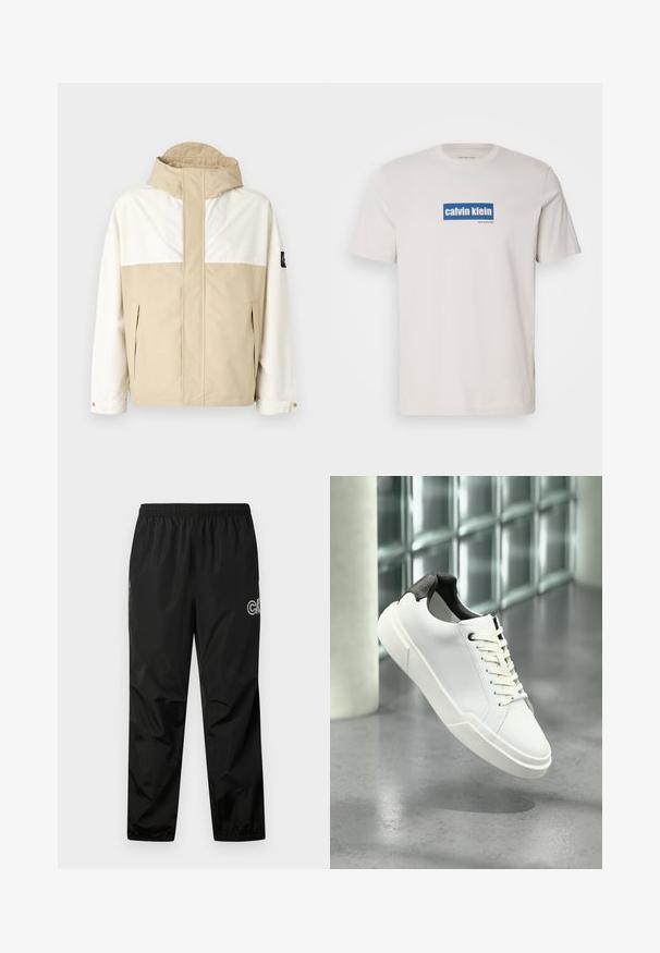 Beige og hvid farveblokeret jakke med høj krave, lynlås lommer og justerbare manchetter. Lavet af et glat, vejrbestandigt materiale.; Hvid bomulds T-shirt med et blåt rektangulært logo med "calvin klein" og "new york city" i hvid tekst på forsiden. Klassisk pasform.; Sorte regnbukser lavet af letvægts, vandtæt materiale. Har en elastisk talje og logo-detalje på siden. Glat tekstur.; Hvid lav tå-sneaker med sort struktureret hælfane, hvide snørebånd og tyk sål på en poleret betongulv nær glasblokke.