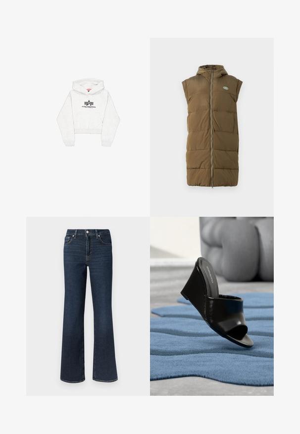 Mouwloze gewatteerde vest in olijfgroen, met een rits aan de voorkant, capuchon en gestructureerde stof. Inclusief een klein merkembleem op de borst.; Lichtgrijze cropped hoodie van zachte stof, met een voorvak en een zwart "Alpha Industries" logo met gestileerde accenten op de borst.; Donkere blauwe denim uitlopende jeans met hoge taille, ontwerp met vijf zakken en contrasterende stiksels. Gladde textuur en brede pijpopening aan de onderkant.; Zwarte sleehak mule-schoen met open teen op een blauw gestructureerd tapijt, vervaagde grijze bank op de achtergrond.
