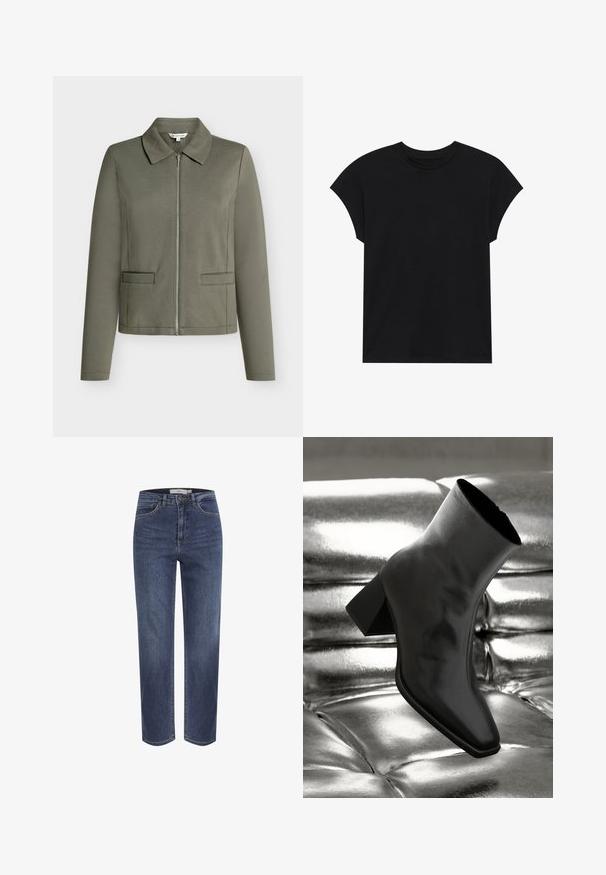 Olivgrüne Zip-Jacke mit spitzem Kragen, langen Ärmeln und zwei vorderen Taschen. Hergestellt aus strukturiertem Stoff.; Schwarzes Baumwoll-T-Shirt mit Rundhalsausschnitt, kurzen Ärmeln und entspannter Passform. Glatte Textur und keine sichtbaren Muster oder Verzierungen.; Blaue Jeans mit geradem Bein, vorderen Taschen, Gürtelschlaufen und Knopfverschluss, dargestellt vor weißem Hintergrund.; Schwarzer Knöchelstiefel aus glänzendem Material mit quadratischer Zehenform und verjüngtem Absatz, vor einem glänzenden silbernen gepolsterten Hintergrund.