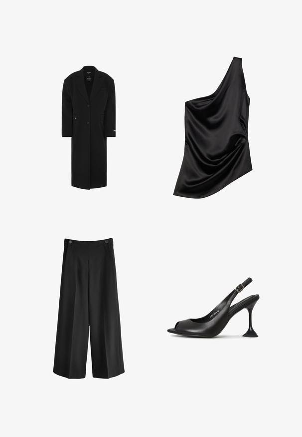 Sort oversized frakke med klapkrave, enkelt knaplukning, frontlommer og en glat tekstur. Har et mærke på ærmet.; Sort satin-top med en asymmetrisk halsudskæring, draperet stofdetalje og blød tekstur. Har én skulder og en flydende silhuet.; Svarte breddebenede bukser med høj talje, lavet af glat stof. Har to forlommer og to knapper ved linningen.; Sort læder slingback hæl med åben tå, spids form, smal hæl der udvider sig, og en firkantet base. Tekstureret overflade og spænde detaljer.