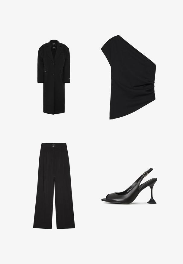 Sort oversized frakke med klapkrave, enkelt knaplukning, frontlommer og en glat tekstur. Har et mærke på ærmet.; Sort top med én skulder lavet af strækbart stof, med en detaljeret ruched side og en asymmetrisk kant. Glat tekstur med let fald.; Sorte bukser med vide ben lavet af blødt stof, med høj talje, frontfolder og enkelt knaplukning. Glat tekstur og skræddersyet design.; Sort læder slingback hæl med åben tå, spids form, smal hæl der udvider sig, og en firkantet base. Tekstureret overflade og spænde detaljer.