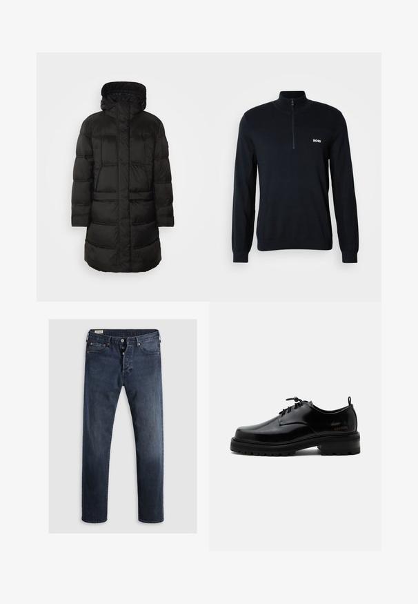 Sort pufferjakke med hætte, der har quiltet struktur og lange ærmer. Designet inkluderer en lynlås foran og to sidelommer.; Marineblå sweater med høj krave og halv lynlås. Materialet er blødt med en struktureret overflade. Har et lille hvidt "BOSS" logo på brystet.; Mørkeblue denimjeans med lige ben, der har lynlås i fly, metalknapper og kobbernitter. Glat tekstur, ingen synlige mønstre.; Sort poleret læder snørestøvle med tyk gummisål og lav hæl, sideskilt med mærketekst "SAMSOE" og bageste træksnor.