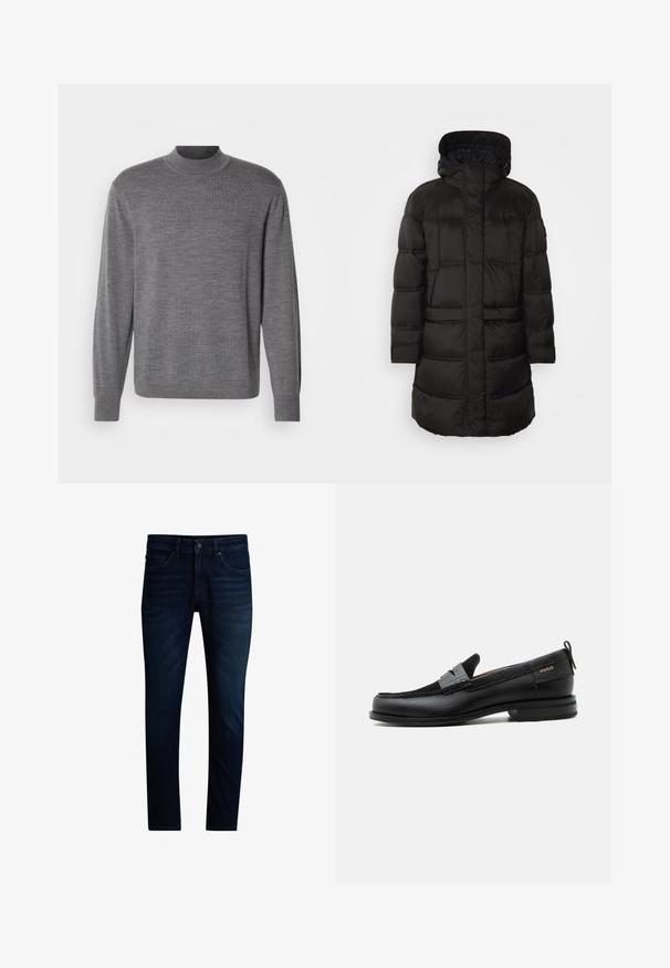 Sort pufferjakke med hætte, der har quiltet struktur og lange ærmer. Designet inkluderer en lynlås foran og to sidelommer.; Grå langærmet sweater lavet af strikket materiale, med en høj hals og et subtilt logo på brystet. Glat tekstur og tætsiddende design.; Mørkeblå jeans med slim fit, foran lukning med knapper og lynlås, fem lommer og let falmning på lårene.; Sort læderloafer med grå remdetalje, lav hæl og tekstureret sål, mærket med "HUGO" i guld på siden.
