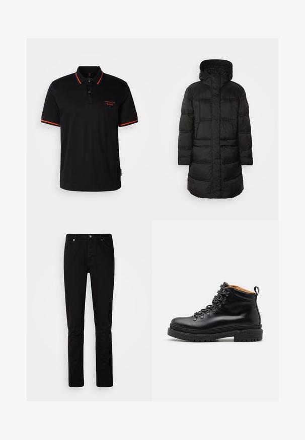 Schwarzer Puffermantel mit Kapuze, ausgestattet mit gestepptem Material und langen Ärmeln. Das Design umfasst einen Frontreißverschluss und zwei seitliche Taschen.; Schwarzes Poloshirt mit roten Akzenten am Kragen und an den Ärmeln. Verfügt über einen Knopfverschluss am Hals und ein in Rot gesticktes Porsche BOSS-Logo.; Schwarze Denim-Hose im Slim-Fit, mit Reißverschluss und Five-Pocket-Design. Gleiche Textur und robuste Nahtdetails.; Zign LEATHER - Schnürstiefelette - black