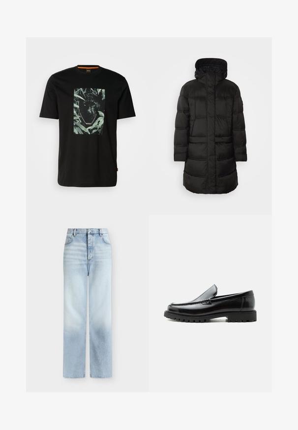 Sort pufferjakke med hætte, der har quiltet struktur og lange ærmer. Designet inkluderer en lynlås foran og to sidelommer.; Sort bomulds t-shirt med et centralt grafik af en panter omgivet af blade, med en kædekrave og "BOSS" tekst. Korte ærmer.; Lyseblå, højtaljede jeans med rette ben, forlommer, bæltestropper og knaplukning.; Sort læderloafer med chunky gummisål, syet overdel og præget mærkenavn på hælen, vist i sideprofil på hvid baggrund.