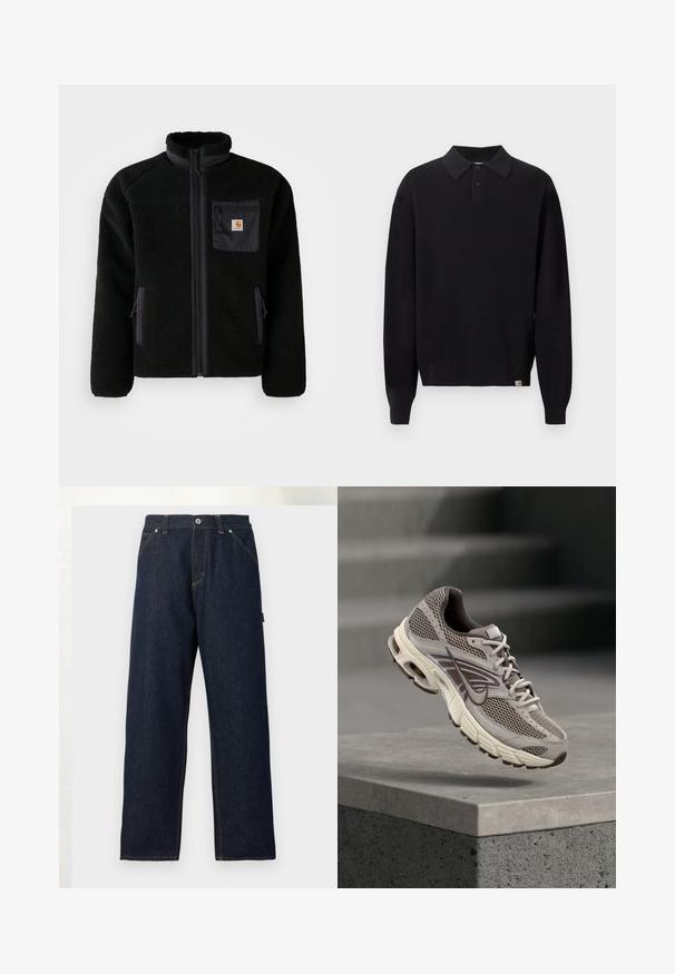 Black fleece jacket with a zip front, high collar, and textured fabric. Features a chest pocket and side pockets with zip closures.; Black long-sleeve knit polo sweater with buttoned collar and ribbed cuffs and hem, displayed on plain light background.; Dark blue straight-leg denim jeans with front pockets, belt loops, and a button closure at the waist against a plain background.; Gray and beige Nike running shoe suspended mid-air above concrete ledge with blurred stairs in background.