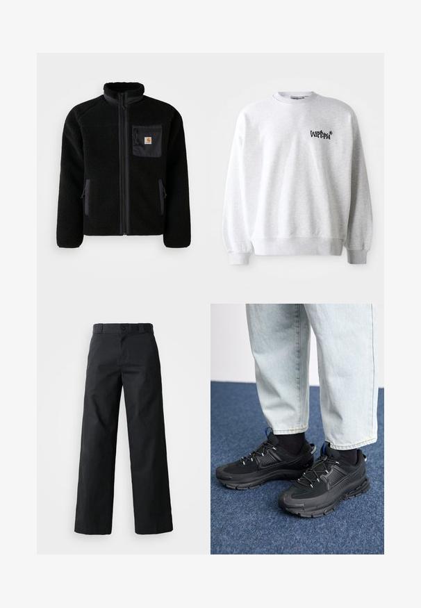 Schwarze Fleecejacke mit Reißverschluss vorne, hohem Kragen und strukturiertem Material. Verfügt über eine Brusttasche und seitliche Taschen mit Reißverschluss.; Hellgrauer Sweatshirt mit Rundhalsausschnitt, gerippten Bündchen und Saum. Verfügt über ein schwarzes "Wittopia"-Logo auf der linken Brustseite. Weiche Textur.; Schwarze weit geschnittene Baumwollhose. Verfügt über einen Knopfverschluss, Gürtelschlaufen und Seitentaschen. Glatte Textur mit tailliertem Schnitt.; Schwarze Sportschuhe aus strukturiertem Stoff mit Gummisohlen, ausgestattet mit elastischen Schnürsenkeln und einem blauen Akzent an der Ferse. Getragen mit hellen Jeans.