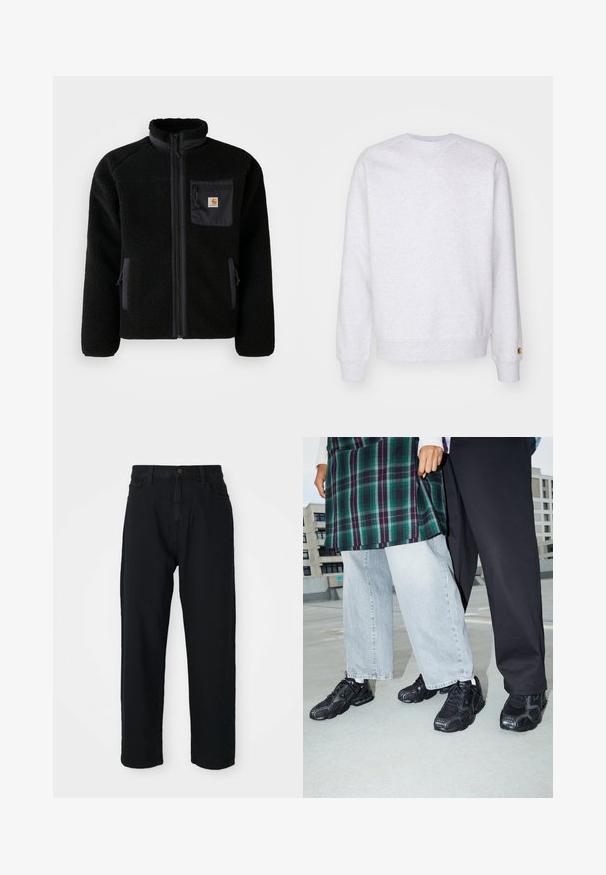 Schwarze Fleecejacke mit Reißverschluss vorne, hohem Kragen und strukturiertem Material. Verfügt über eine Brusttasche und seitliche Taschen mit Reißverschluss.; Helles graues Sweatshirt mit Rundhalsausschnitt, langen Ärmeln, gerippten Bündchen und einem kleinen Logo-Patch nahe dem Saum. Aus weichem Stoff gefertigt.; Schwarze Jeans mit geradem Schnitt. Verfügt über ein klassisches Fünf-Taschen-Design, Knopfverschluss und subtile Stofftextur.; Schwarze Sportschuhe mit Mesh- und Gummielementen. Kombiniert mit hellgrauen weiten Jeans und einem karierten grünen Oberteil. Flacher Hintergrund.