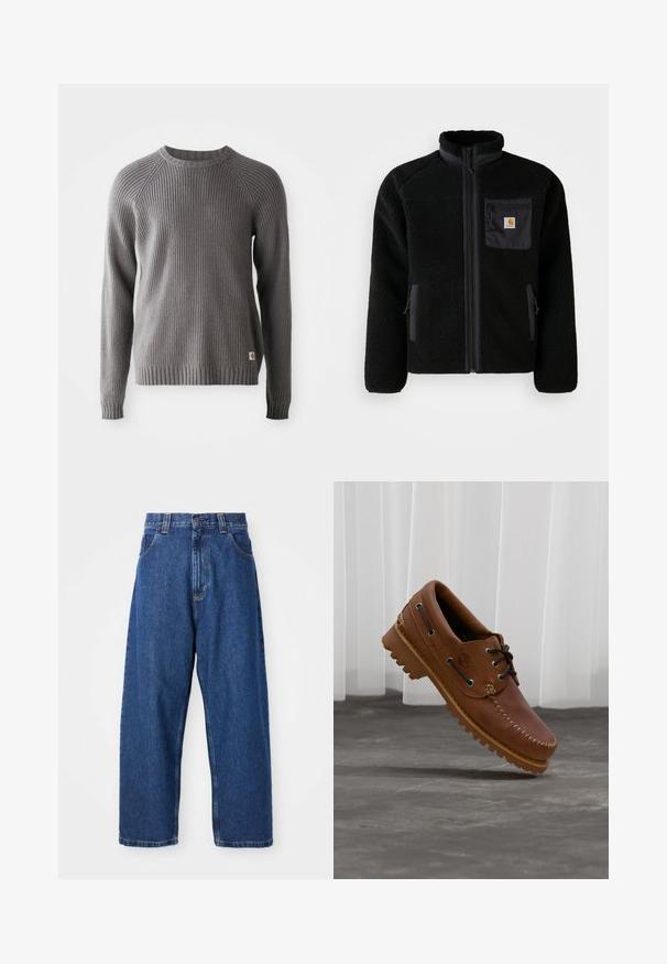 Schwarze Fleecejacke mit Reißverschluss vorne, hohem Kragen und strukturiertem Material. Verfügt über eine Brusttasche und seitliche Taschen mit Reißverschluss.; Grauer, gerippter Strickpullover mit langen Ärmeln und Rundhalsausschnitt. Mit einer strukturierten Oberfläche und einem kleinen Logopatch am Saum.; Weite Jeans aus Denim in Dunkelblau. Hohe Taille, Gürtelschlaufen und klassisches Fünf-Taschen-Design. Gestickter Saum mit sauberem Finish.; Brauner Leder-Bootsschuh mit schwarzen Schnürsenkeln, beigen Nähten und einer robusten Sohle, schwebt über einem grauen Betonboden.