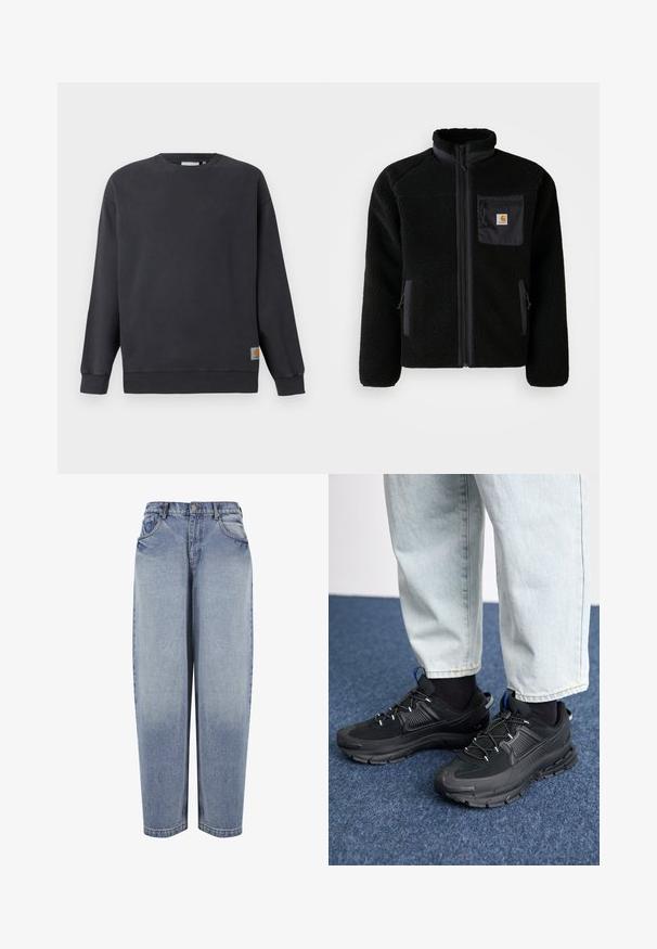 Sort fleecejakke med lynlås foran, høj krave og struktureret stof. Har en brystlomme og sidelommer med lynlåse.; Mørkegrå crewneck sweatshirt med ribstrikkede manchetter og søm. Har en lille vævet logo-label på nederste venstre side. Lavet i bomuldsstof med en glat tekstur.; Blå high-waisted løstsiddende jeans med forlommer, bæltestropper, knaplukning og falmede detaljer langs benene.; Sorte træningssko med tekstureret stof og gummisåler, udstyret med elastiske snørebånd og en blå detalje på hælen. Bæres med lyse denimbukser.