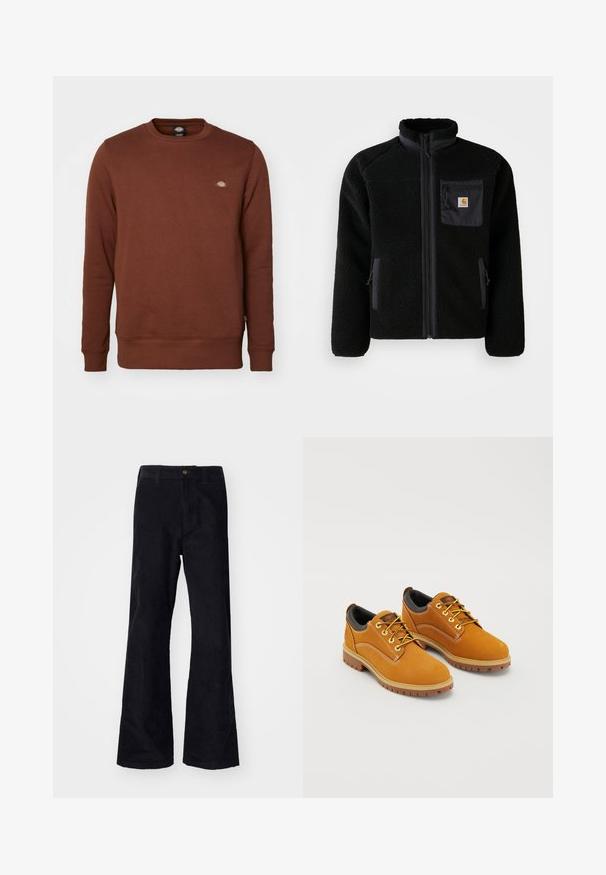 Veste en polaire noire avec fermeture éclair à l'avant, col haut et tissu texturé. Elle dispose d'une poche sur la poitrine et de poches latérales avec fermetures éclair.; Dickies OAKPORT - Sweatshirt - cappuccino; Pantalons évasés noirs en coton avec une taille traditionnelle, un bouton à l'avant et des poches sur les côtés et à l'arrière. Texture lisse.; Chaussures en daim marron avec un bout rond, des lacets jaunes, un col rembourré noir et des semelles en caoutchouc avec des rainures de traction.
