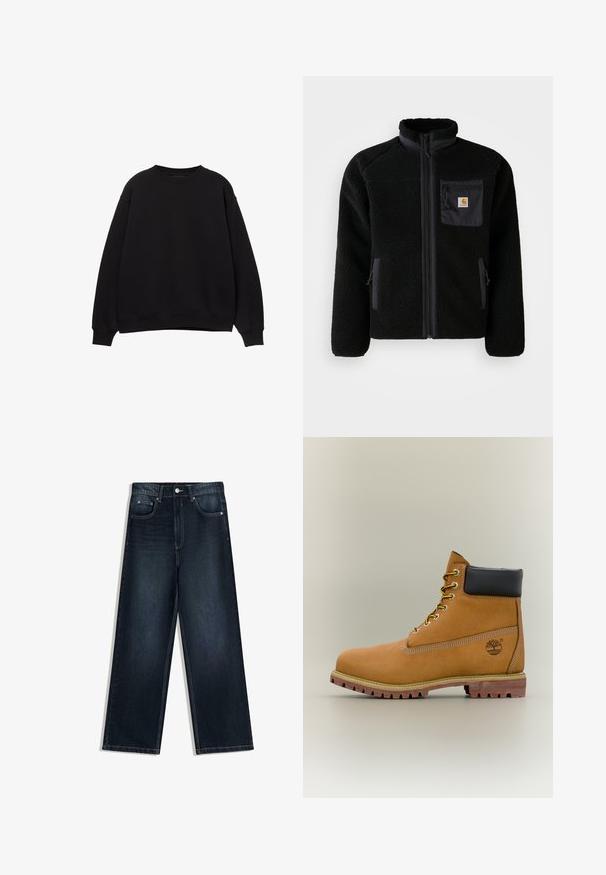 Veste en polaire noire avec fermeture éclair à l'avant, col haut et tissu texturé. Elle dispose d'une poche sur la poitrine et de poches latérales avec fermetures éclair.; Sweat-shirt noir avec un col rond, des épaules tombantes et des poignets côtelés. Fabriqué en matériau doux, il présente un design simple et classique.; Jean en denim foncé à jambes larges avec une texture lisse, doté d'une fermeture à boutons sur le devant, de cinq poches et de détails de couture contrastants.; Bottine en cuir marron avec col noir, lacets jaunes et semelle beige. Présente un logo et des détails de couture blanche. Semelle extérieure à traction robuste.