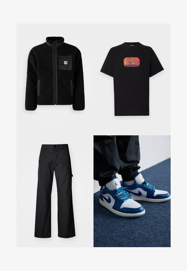 Veste en polaire noire avec fermeture éclair à l'avant, col haut et tissu texturé. Elle dispose d'une poche sur la poitrine et de poches latérales avec fermetures éclair.; T-shirt en coton noir avec un imprimé graphique rouge et jaune sur le thème de la pêche à l'avant. Manches courtes et col rond.; Pantalons larges noirs en tissu durable. Fermeture à bouton et poches latérales. Texture lisse avec un design épuré.; Les baskets Nike Air Jordan présentent une base en cuir blanc avec des accents en synthétique bleu, une boîte à orteils perforée et des lacets bleus.