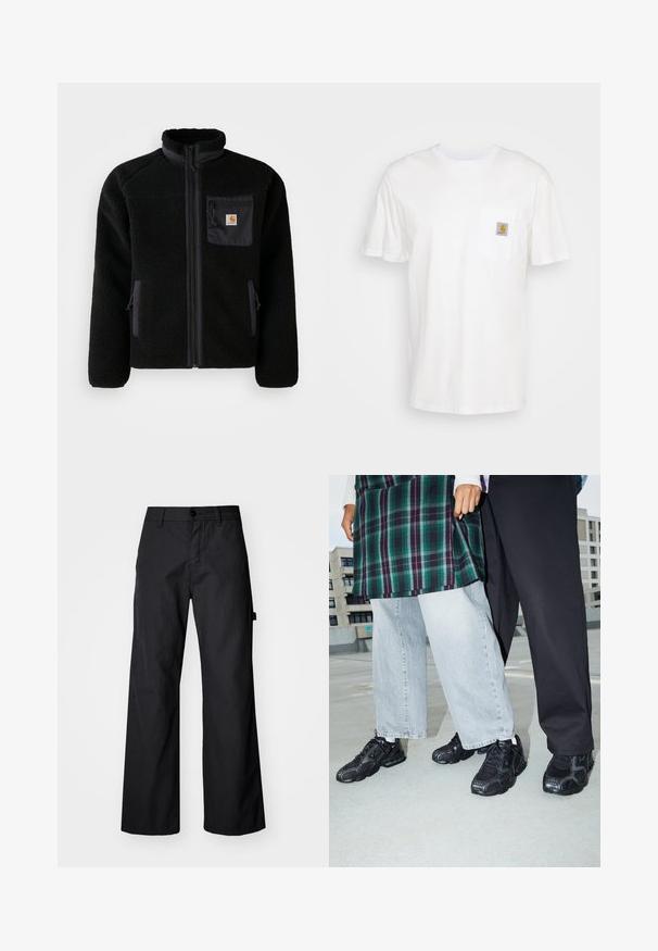 Schwarze Fleecejacke mit Reißverschluss vorne, hohem Kragen und strukturiertem Material. Verfügt über eine Brusttasche und seitliche Taschen mit Reißverschluss.; Weißes Baumwoll-T-Shirt mit kurzen Ärmeln, einer Brusttasche und einem kleinen quadratischen Logopatch in Orange und Weiß auf der Tasche.; Schwarze, weite Hosen aus robustem Stoff. Verfügt über einen Knopfverschluss und Seitentaschen. Glatte Textur mit einem schlichten Design.; Schwarze Sportschuhe mit Mesh- und Gummielementen. Kombiniert mit hellgrauen weiten Jeans und einem karierten grünen Oberteil. Flacher Hintergrund.
