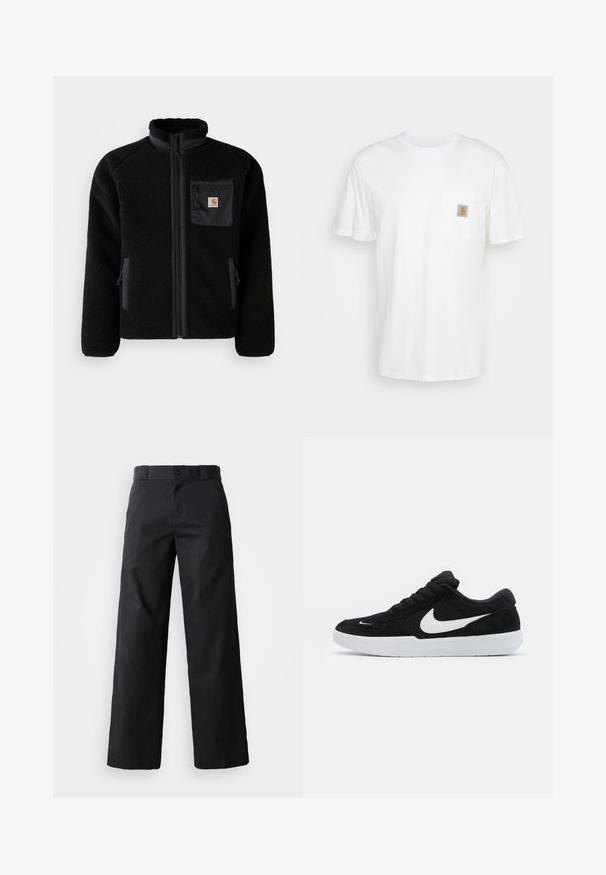 Schwarze Fleecejacke mit Reißverschluss vorne, hohem Kragen und strukturiertem Material. Verfügt über eine Brusttasche und seitliche Taschen mit Reißverschluss.; Weißes Baumwoll-T-Shirt mit kurzen Ärmeln, einer Brusttasche und einem kleinen quadratischen Logopatch in Orange und Weiß auf der Tasche.; Schwarze weit geschnittene Baumwollhose. Verfügt über einen Knopfverschluss, Gürtelschlaufen und Seitentaschen. Glatte Textur mit tailliertem Schnitt.; Schwarze Wildledersneaker mit weißen Akzenten, runder Zehenform, dicker weißer Sohle und schwarzen Schnürsenkeln. Auffälliges weißes Nike-Logo an der Seite.