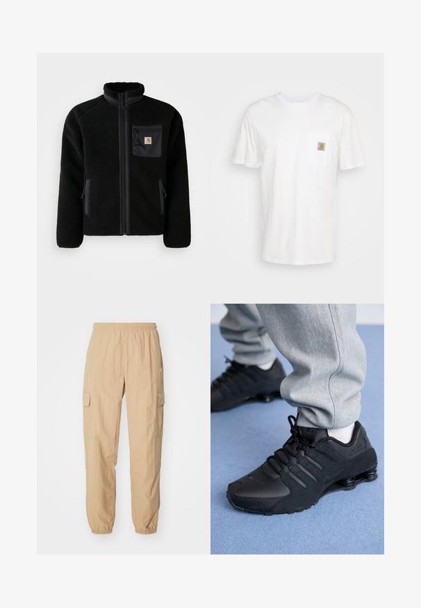 Schwarze Fleecejacke mit Reißverschluss vorne, hohem Kragen und strukturiertem Material. Verfügt über eine Brusttasche und seitliche Taschen mit Reißverschluss.; Weißes Baumwoll-T-Shirt mit kurzen Ärmeln, einer Brusttasche und einem kleinen quadratischen Logopatch in Orange und Weiß auf der Tasche.; Beige Cargo-Hosen aus leichtem Stoff, mit einem elastischen Bund, zwei Seitentaschen und elastischen Bündchen an den Knöcheln.; Person in schwarzen Nike Shox Sneakers und grauen Jogginghosen, der auf einem hellblauen Teppich steht.