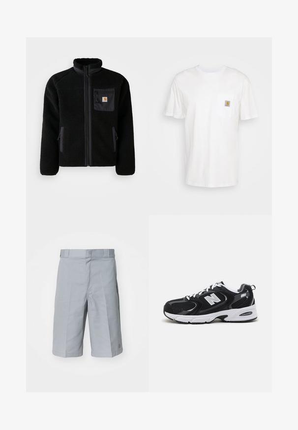 Sort fleecejakke med lynlås foran, høj krave og struktureret stof. Har en brystlomme og sidelommer med lynlåse.; Hvid bomulds T-shirt med korte ærmer, en brystlomme, og et lille firkantet logo patch i orange og hvid på lommen.; Lys grå shorts lavet af slidstærkt stof, med lige snit, en talje med bæltestropper og diskrete plisseringer.; Sorte og grå sportssko med mesh og ruskind på overdelen, der har en hvid mellemsål, snørebånd og et iøjnefaldende "N" logo på siden.