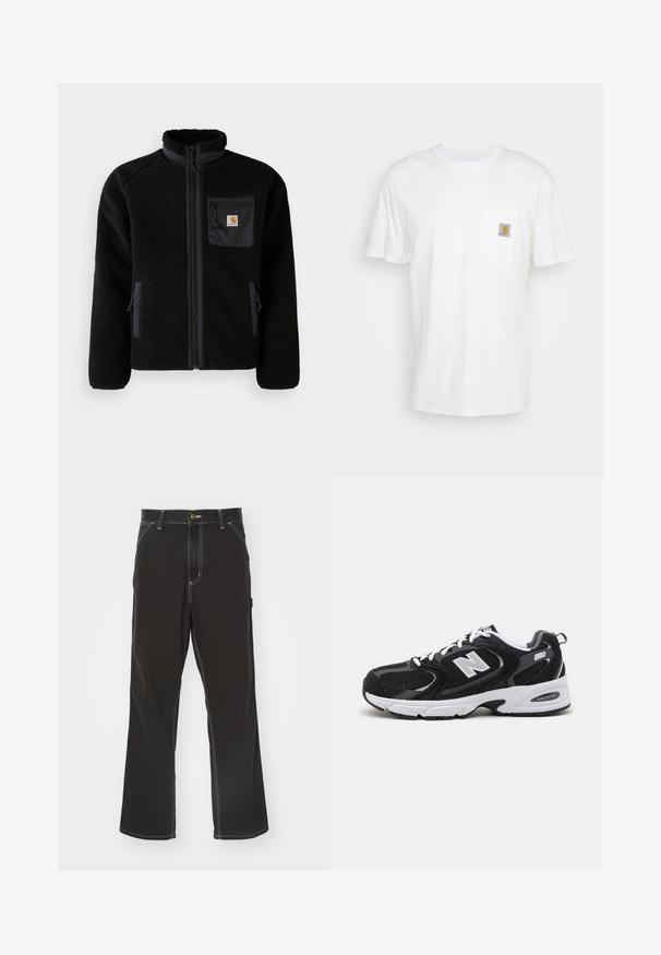 Schwarze Fleecejacke mit Reißverschluss vorne, hohem Kragen und strukturiertem Material. Verfügt über eine Brusttasche und seitliche Taschen mit Reißverschluss.; Weißes Baumwoll-T-Shirt mit kurzen Ärmeln, einer Brusttasche und einem kleinen quadratischen Logopatch in Orange und Weiß auf der Tasche.; Schwarze Denim-Hose mit geradem Schnitt, kontrastierenden weißen Nähten, Fronttaschen und einem Knopfverschluss an der Taille.; Schwarze und graue Sportschuhe mit Obermaterial aus Mesh und Wildleder, ausgestattet mit einer weißen Zwischensohle, Schnürsenkeln und einem markanten "N"-Logo an der Seite.